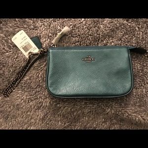 Coach Pebbled Leather wristlet with chain- Teal